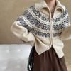 Korean Style High Neck Retro Jacquard Sweater Women's Double Zipper Knit Cardigan