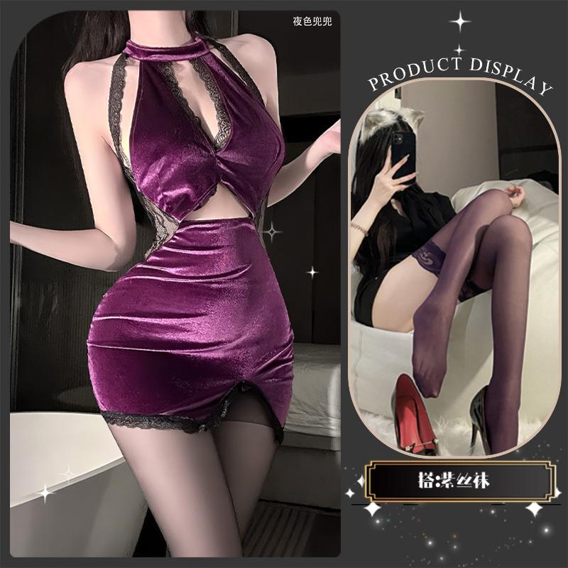 Sexy underwear sexy hot lace splicing velvet temperament gathering and thin purple classical neck cheongsam