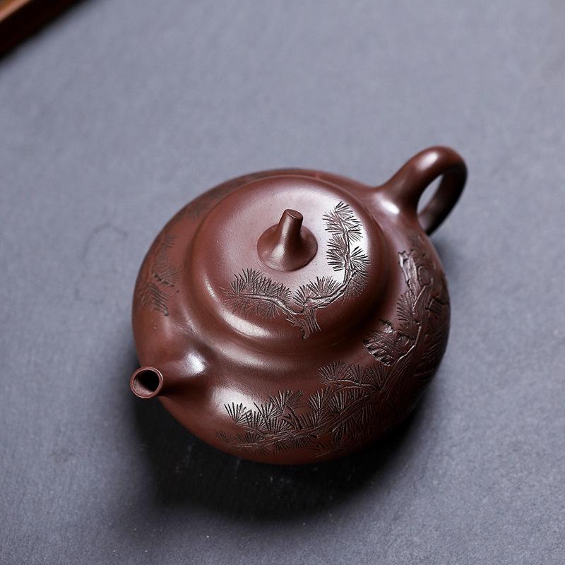 Cipher Yixing Original Ore Purple Clay Zisha Eggplant Gourd Teapot - Handmade Carved Gongfu Tea Set