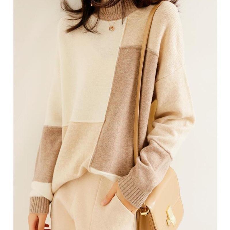 

Irregular Color Blocked High Neck Sweater for Women Loose and Fashionable Base Sweater 2XL