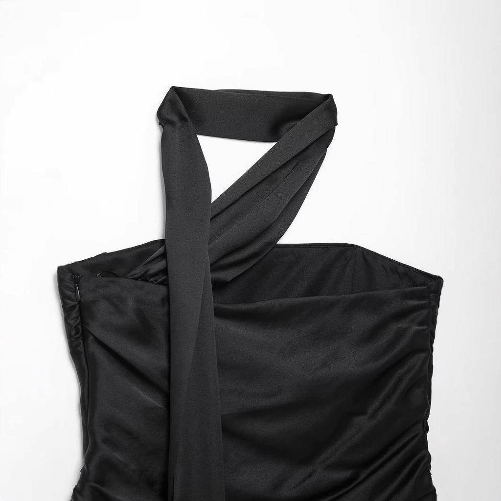 Women's European Style Ruffle Scarf Silk Satin Top - Spring 2025