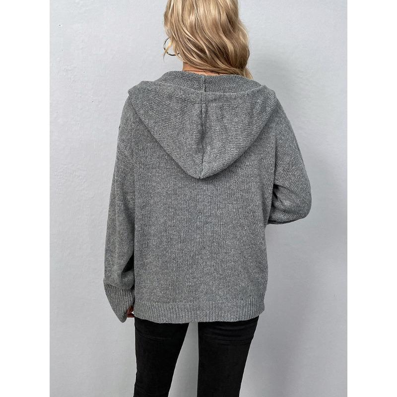 Women S Solid Color Hooded Knit Cardigan Sweater Single Breasted Long Sleeve Autumn Winter
