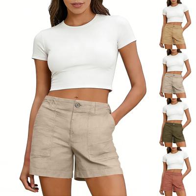 Pantalones Cortos de Algodón y Lino para Mujer, Con Bolsillos, Cierre Suave de Botón, Cremallera, Corte Ajustado.