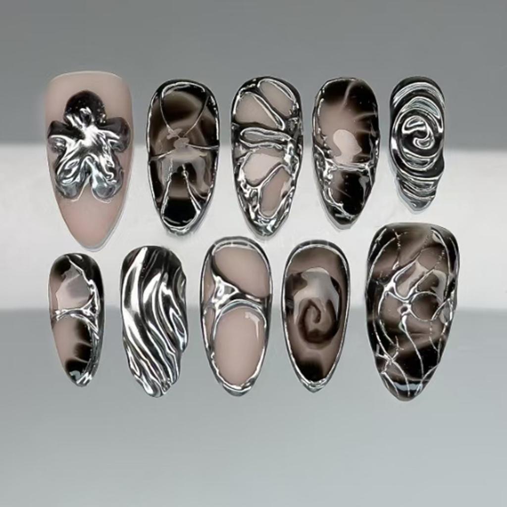 Sweet Cool Silver Metal Personality Wear Armor 24 Pieces Press On Nails