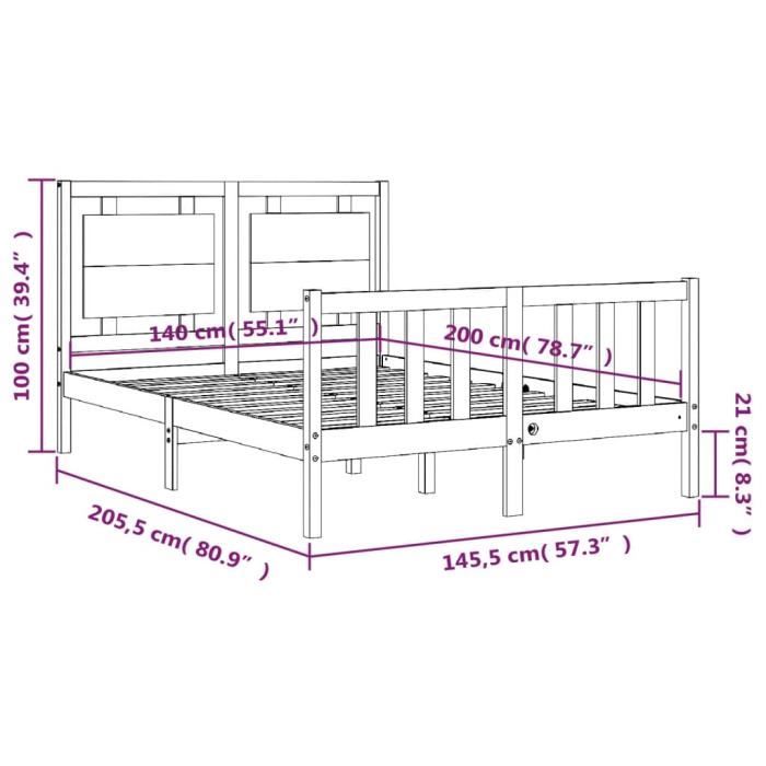 VidaXL Cadre de lit avec tête de lit 140x200 cm bois massif 3192166
