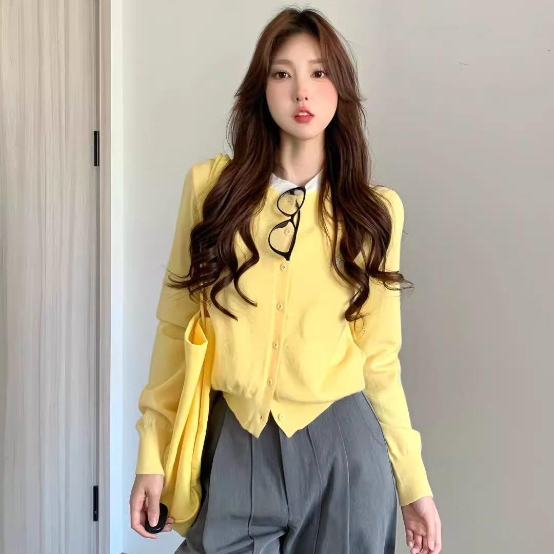 

Желтый вязаный кардиган-свитер из двух частей в корейском стиле - Универсальный с длинным рукавом для весны/осени S (recommended for 85-95 jin)