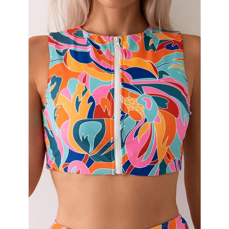 Vintage Orange Geometry Print Tankini Set 2026 Swimwear Women Zipper Push Up Sports Tank Top High Waist Shorts 2 Piece Swimsuit