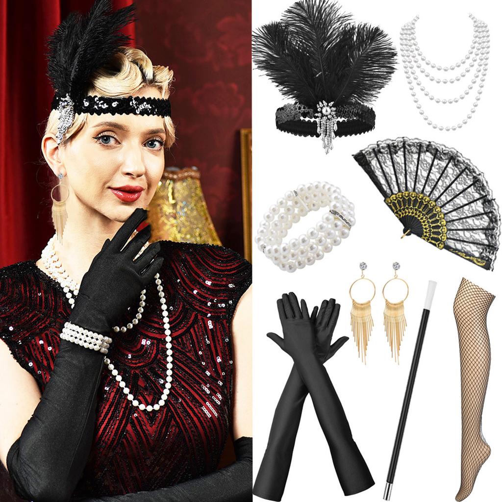 1920er Jahre Flapper Feder Stirnband Perlenkette Armband Ohrringe Set Acht Teile Vintage Stil Accessoires für Kostümparty