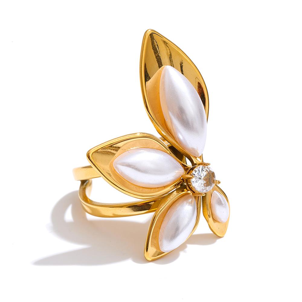Yhpup Stainless Steel Simulated Pearls Open Flower Ring Trendy 18K Golden PVD Plated Young Modern Finger Jewelry Accessories