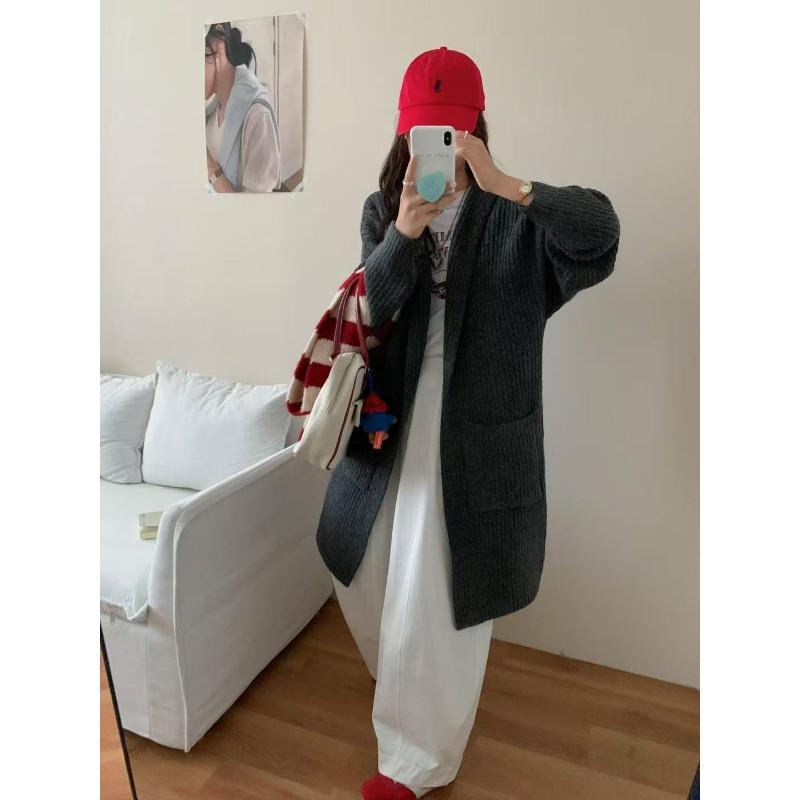 

С капюшоном свободного большого размера утолщенная средней длины вязаная куртка новый ленивый ветер свитер кардиган с женщинами снаружи One Size темно-серого