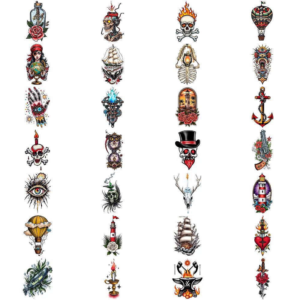 28pcs Temporary Tattoo New School Traditional Nautical Ship Eye With Sunburst Parachute For Shoulders Women Chest