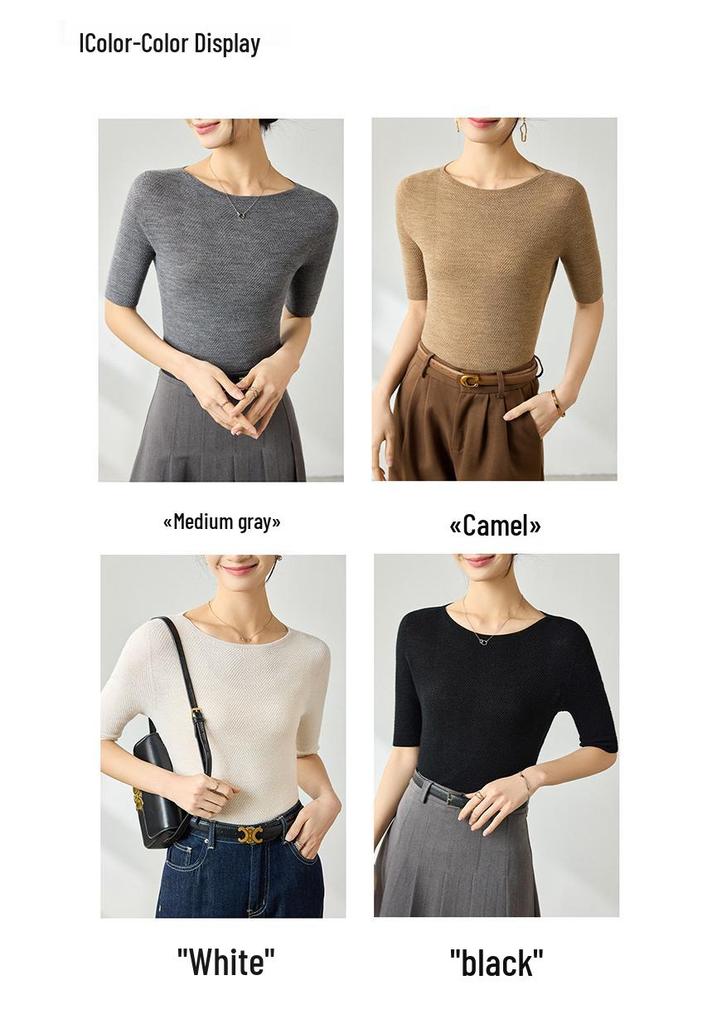 Yangtze Fine Spun Wool One-Shoulder Mid-Sleeve Women's Slimming T-Shirt, Spring Pure Color Elegant Base Layer Top