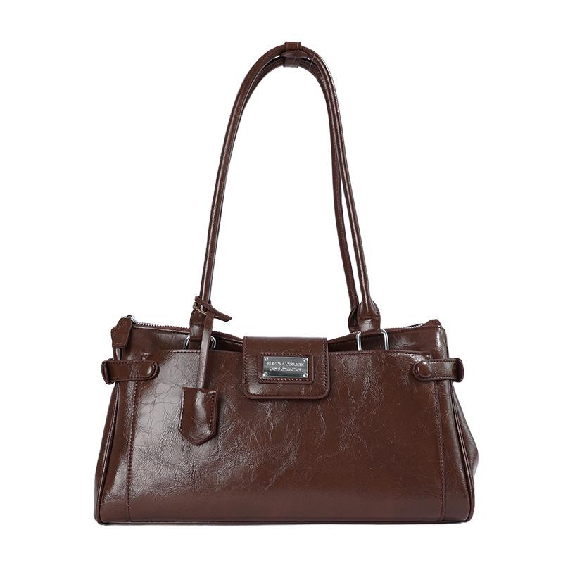 Vintage Retro Leather Baguette: High-capacity Lock Briefcase Handbag