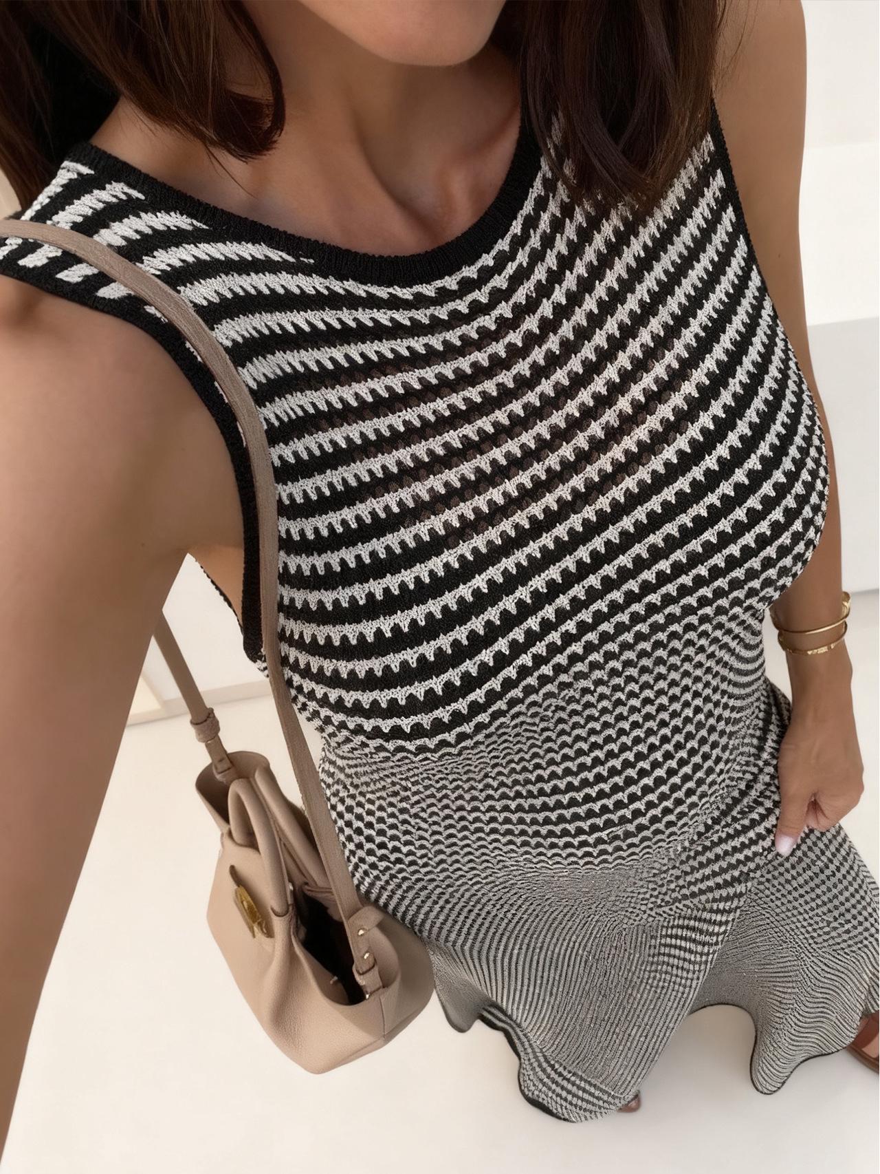 Women s Striped Knit Sleeveless Long Beach Dress - Casual Hollow Design XXL чёрный