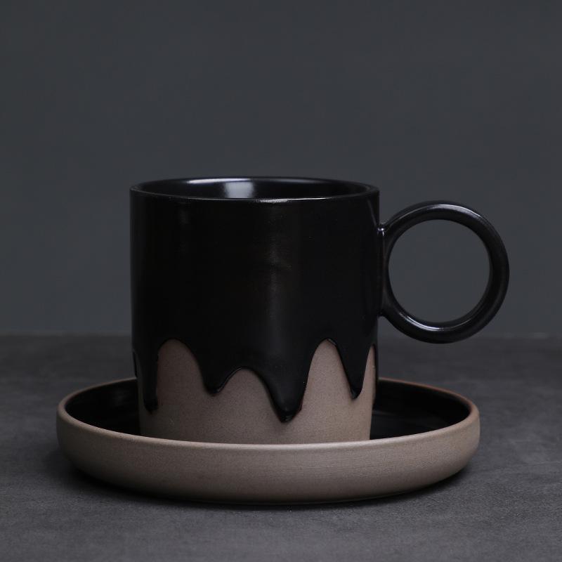 Vintage Glasierte Kaffeetasse und Untertasse Set Grobkeramik Latte Zuhause Kreativer Keramikbecher Wasserbecher Dekoration Heimtasse 200ML