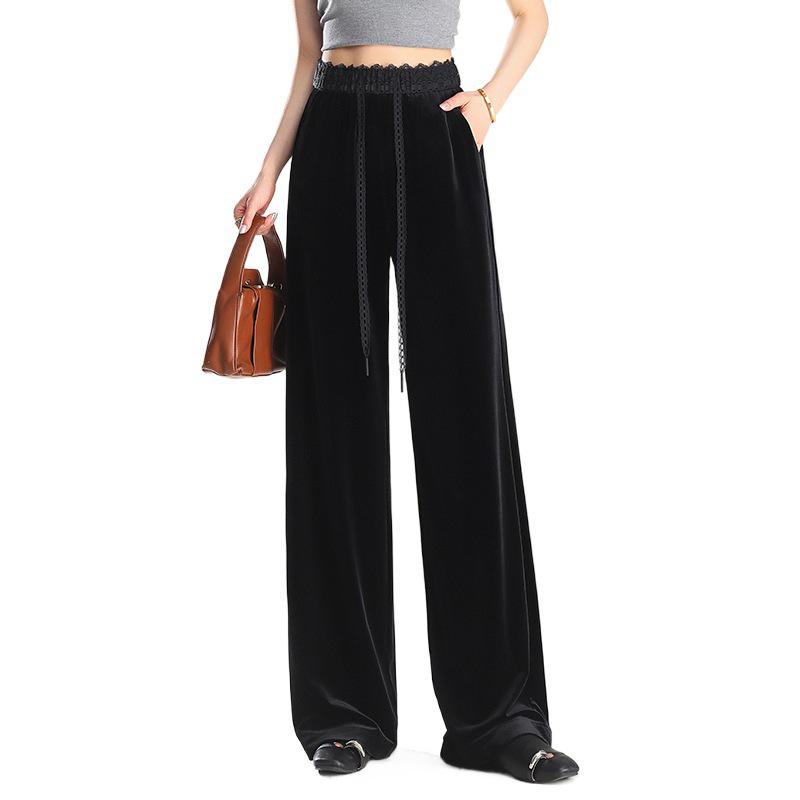 Women's High-Waist Golden Velvet Wide-Leg Pants - Spring/Summer 2026 Collection, Fashionable Black Drapey Casual Style.