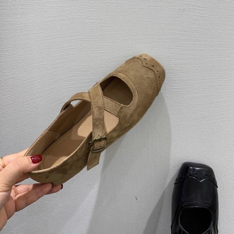 Korean version of niche flat-bottomed crossed Mary Jane shoes, early autumn retro brown square head ballet