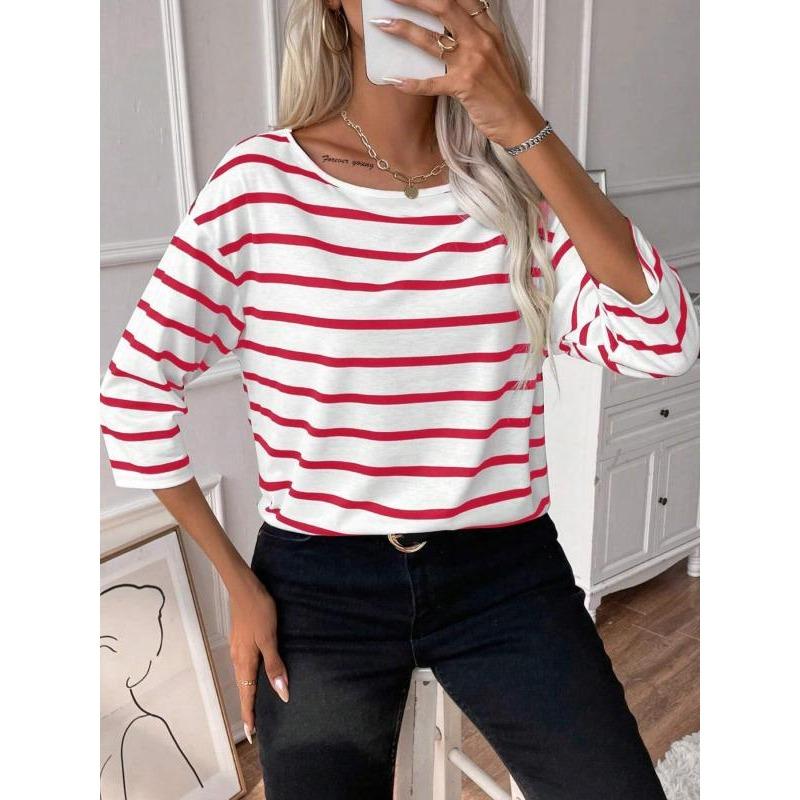 Plus Size 1XL-5XL New Woman's Tshirts Casual Long Sleeve Striped O Neck Loose Fashion Ladies Tops
