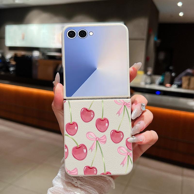 Crystal Cherry Fruits Bowknots Pattern Case For Samsung Z Flip 7 6 5 4 Leather Texture Folding Fhone Cover For Galaxy Z Flip7 Flip6 Flip5