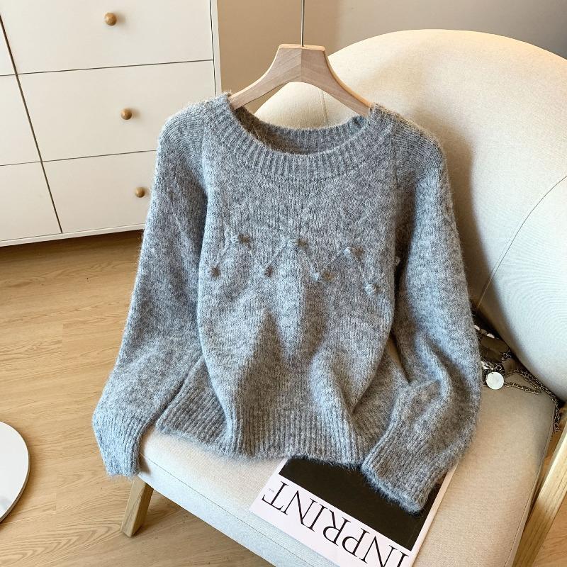 

Женский пуловер с круглым вырезом, мягкий на ощупь, осенне-зимний, утолщенный, нишевый, шикарный топ one size fits all серый