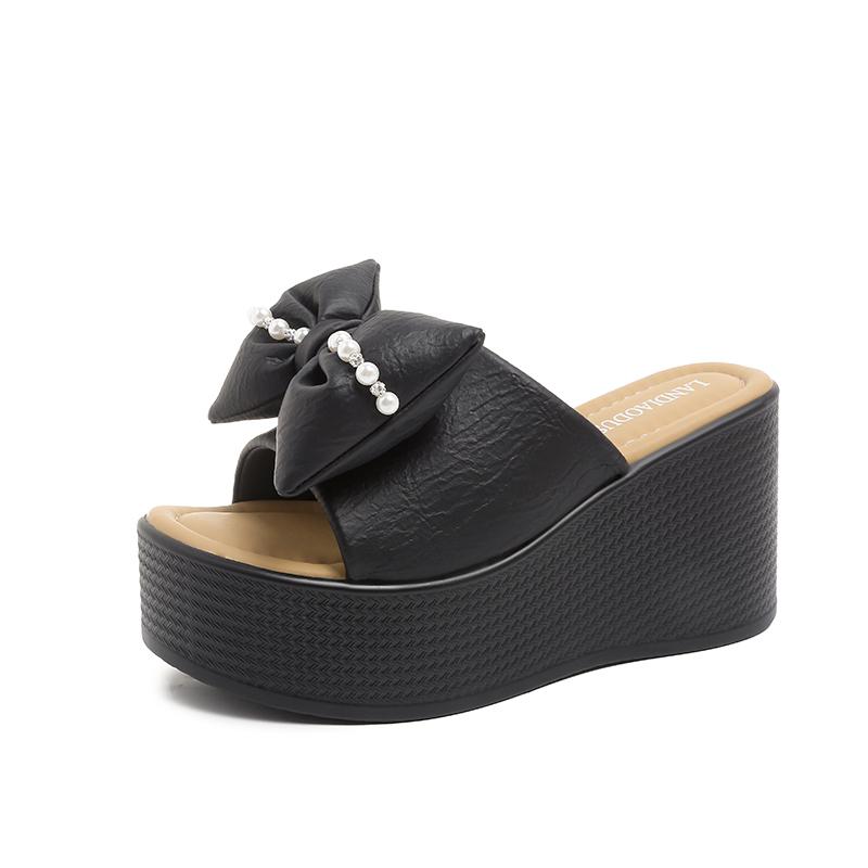 Fashion 9.5CM Flip Flops House Slippers Platform Shoes Woman 2025 Pull On Wedge Heeled Mules Low Hawaiian New High Slides Butterfly-knot