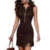 Women's Brown Fringe Sleeveless Dress with Zipper