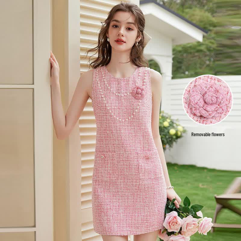 Bailuyu Sweet Plaid Sleeveless Mid-Length Dress M