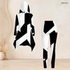 Women Plus Size Black White Printed Hooded Long Sleeve High Low Top Fitted Pants Two Piece Set
