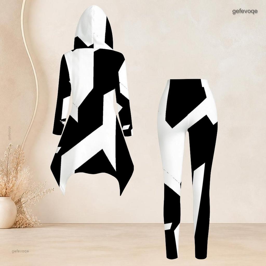 Women Plus Size Black White Printed Hooded Long Sleeve High Low Top Fitted Pants Two Piece Set