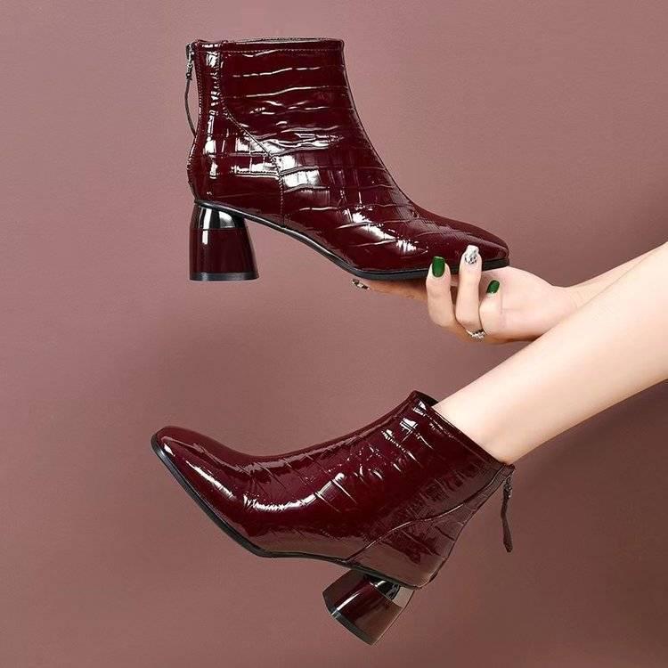 Women's Patent Leather Chunky Heel Ankle Boots - French-Style Bestseller