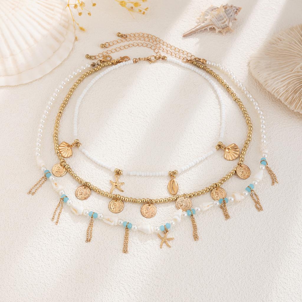 Holiday Style Starfish Shell Fringed Necklace Set, Imitation Pearl Beaded Conch Collarbone Necklace
