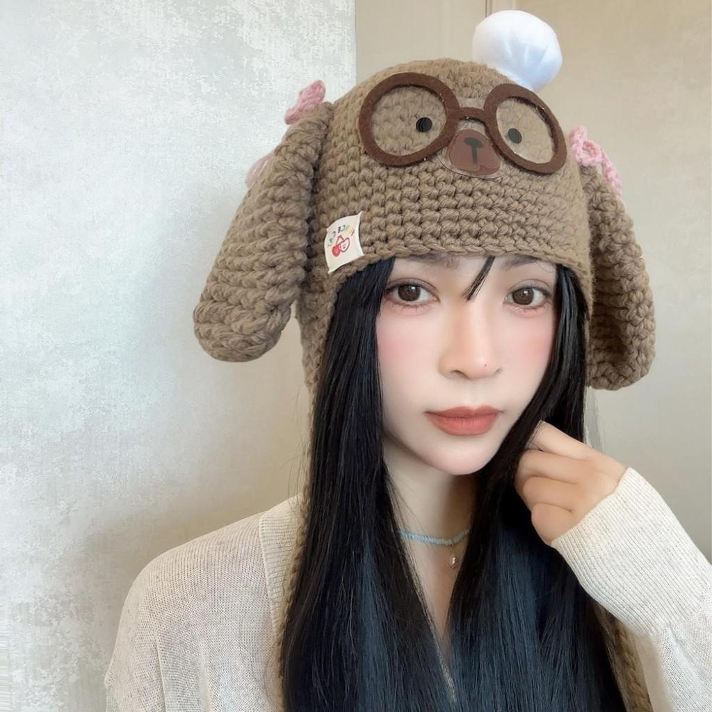 Damen-Wollmütze Herbst/Winter 2025 mit lustigem Welpenohren- und Brillen-Design