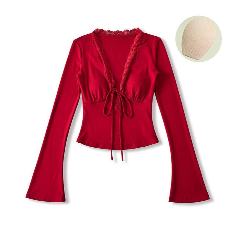 Women's Long Sleeve Lace Trim V-Neck Bell Sleeve Slim Fit Top for Autumn/Winter