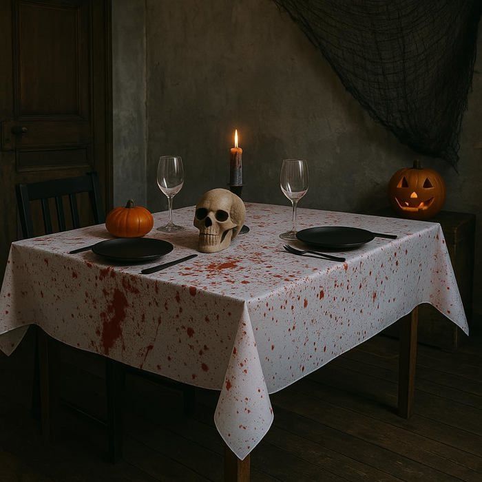 Grande Nappe Halloween Blanche Sanglante Motif Eclaboussures Rouges 245 x 75 cm Décoration