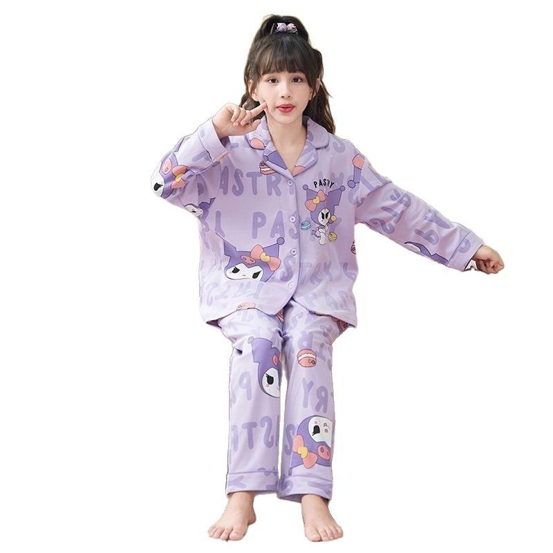 Kids' Spring & Autumn Cartoon Cardigan Pajama Set - Long-Sleeved Home Wear for Girls
