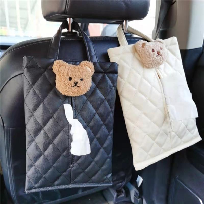 Hanging Pouch with Bear Pattern Design Practical Durable Tissue Box Holder Pouch Keep Your Auto Organized for Back Seat