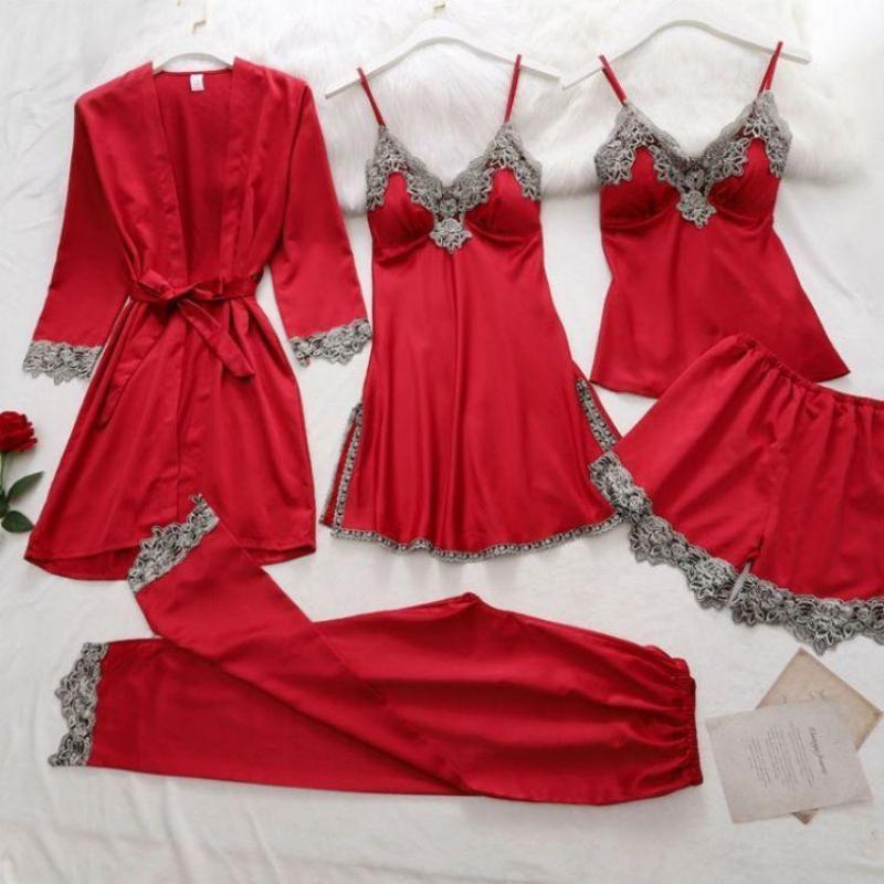 Women's Loungewear European and American Pajamas Simulation Silk Pajamas Sex Underwear Suspender Sexy Five-piece Set