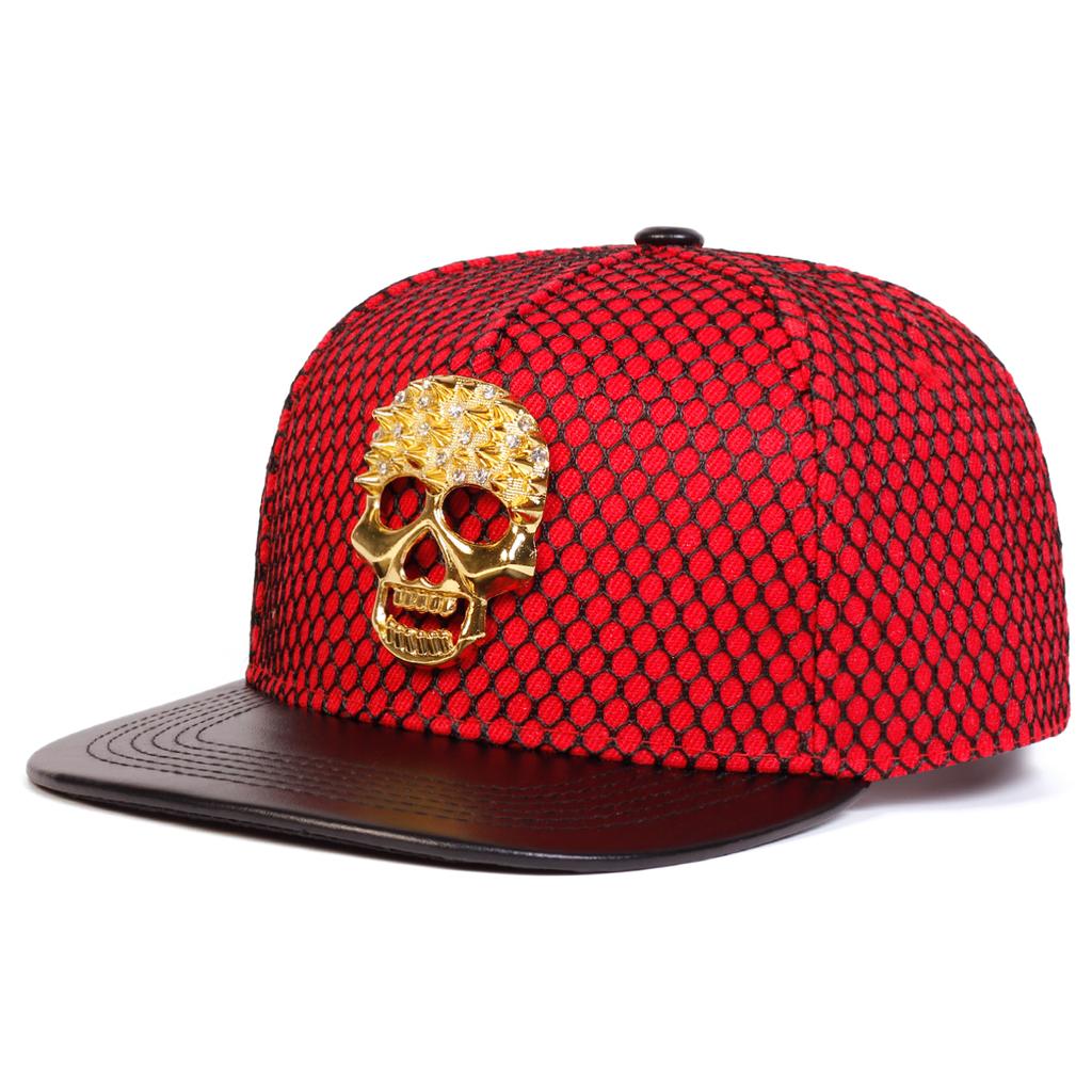 Unisex Metal Skull Decoration Adjustable Flat Top Baseball Hat Mesh Snapback Caps Spring Summer Outdoor Leisure Hats Travel Accessories for Women Men