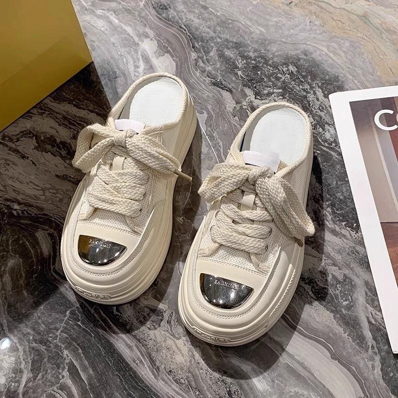 Internet celebrity thick-bottomed bag head half slippers outer wear summer women 2025 new mesh breathable casual small white cool slippers