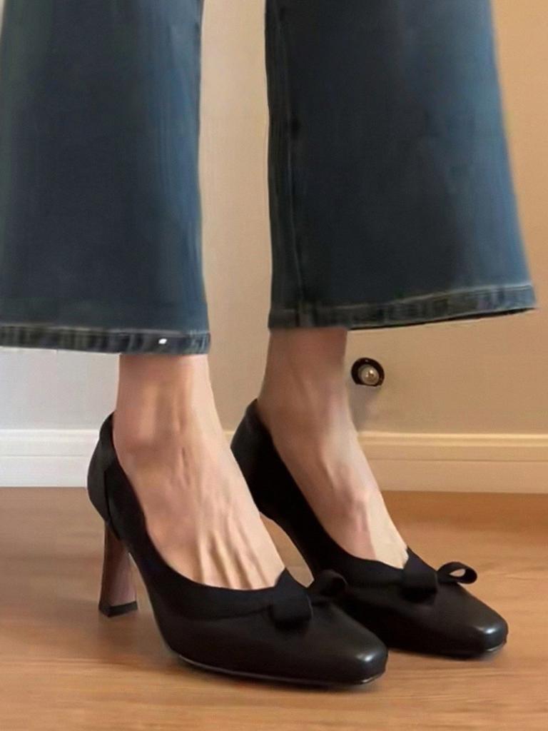 Bow square head shallow mouth single shoes women's autumn autumn versatile not tired feet stiletto high heels