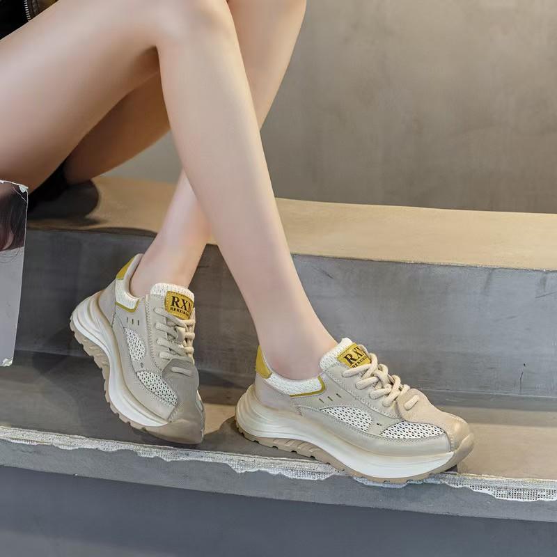 First layer cowhide dad shoes women's summer mesh sports and leisure shoes versatile and lightweight white shoes