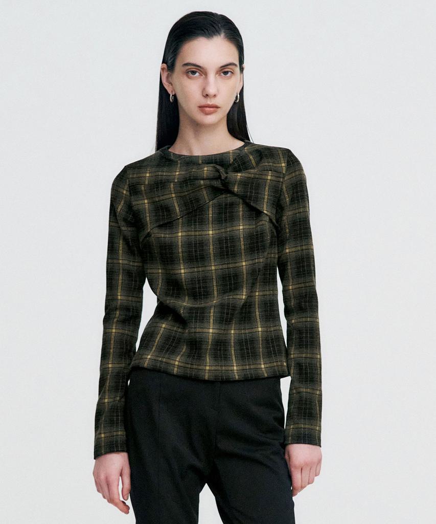 Kimjisu Twisted Check High-Neck Top _ Khaki