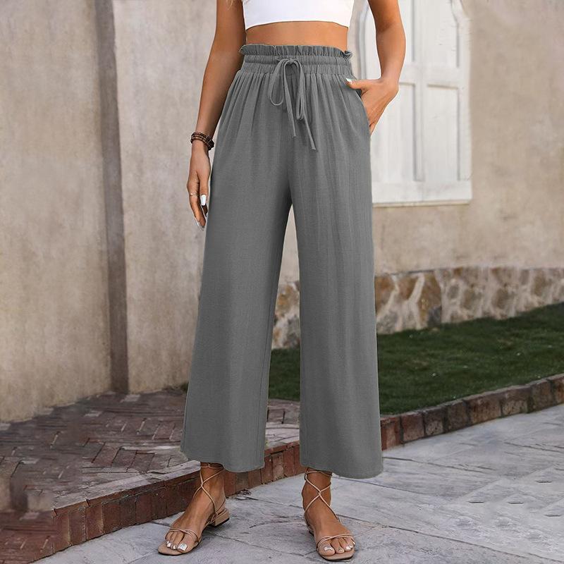 New Women's Solid Color Cotton Linen Wide Leg Pants, High Waist Elastic Drawstring Casual Trousers for Spring Summer