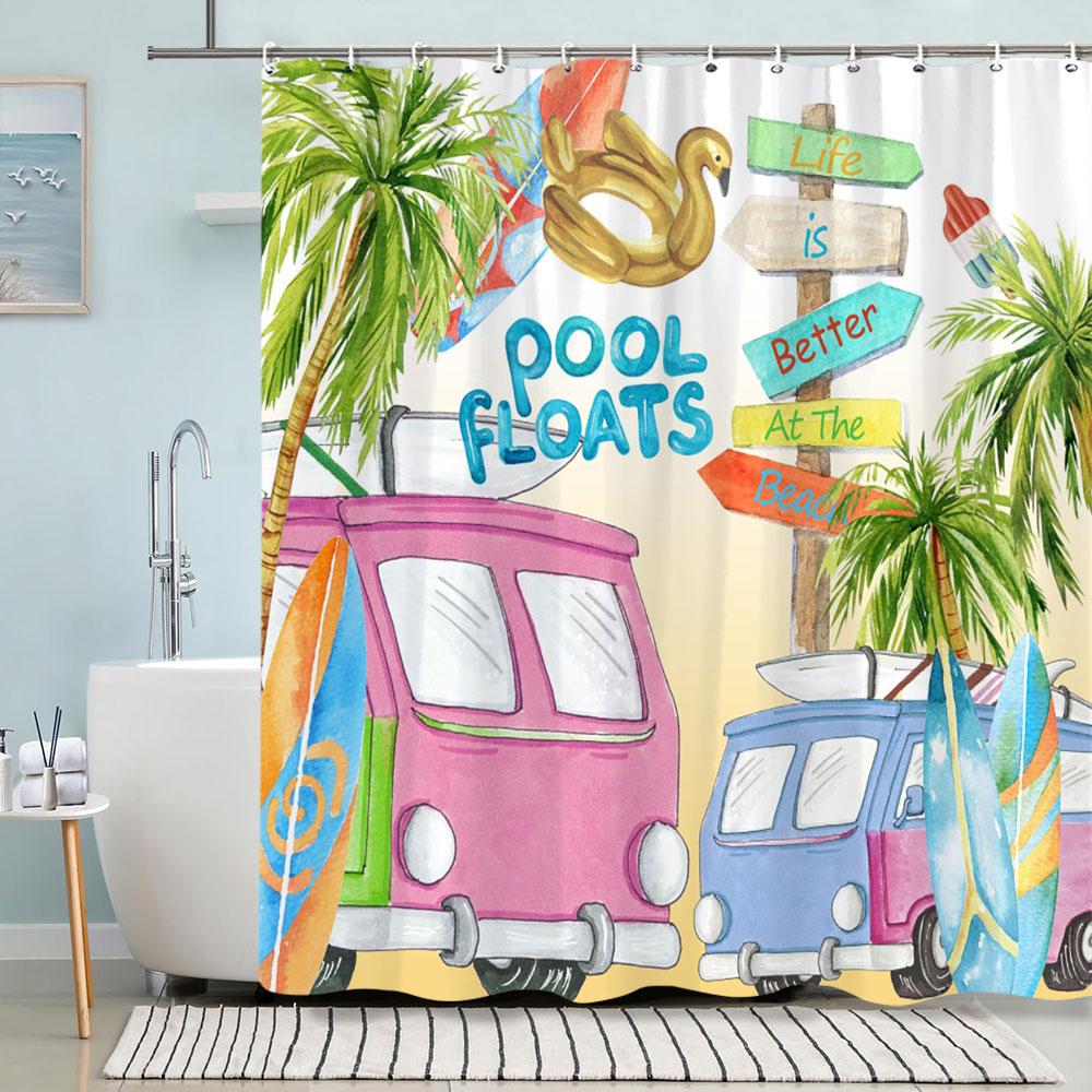 Turtle Shower Curtain Summer Beach Anchor Nautical Starfish Watercolour Art Creative Polyester Shower Curtains Bathroom Decor