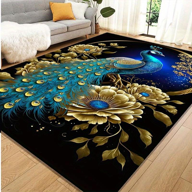 Luxurious Peacock & Floral Design Area Rug - Anti-Slip, Soft Polyester Floor Mat for Bedroom, Living Room, Office, and More