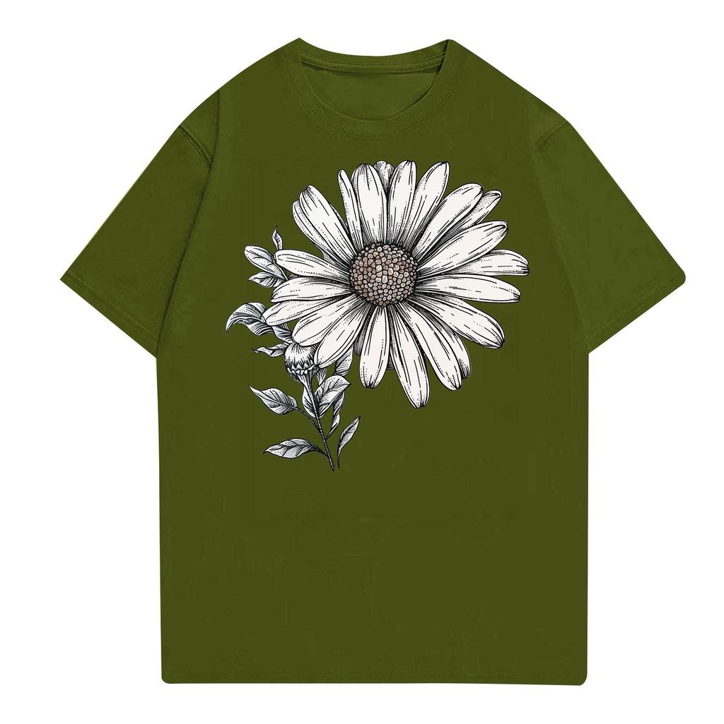 Lässiges T-Shirt für Damen mit Rundhalsausschnitt, Blumendruck, kurzärmelig