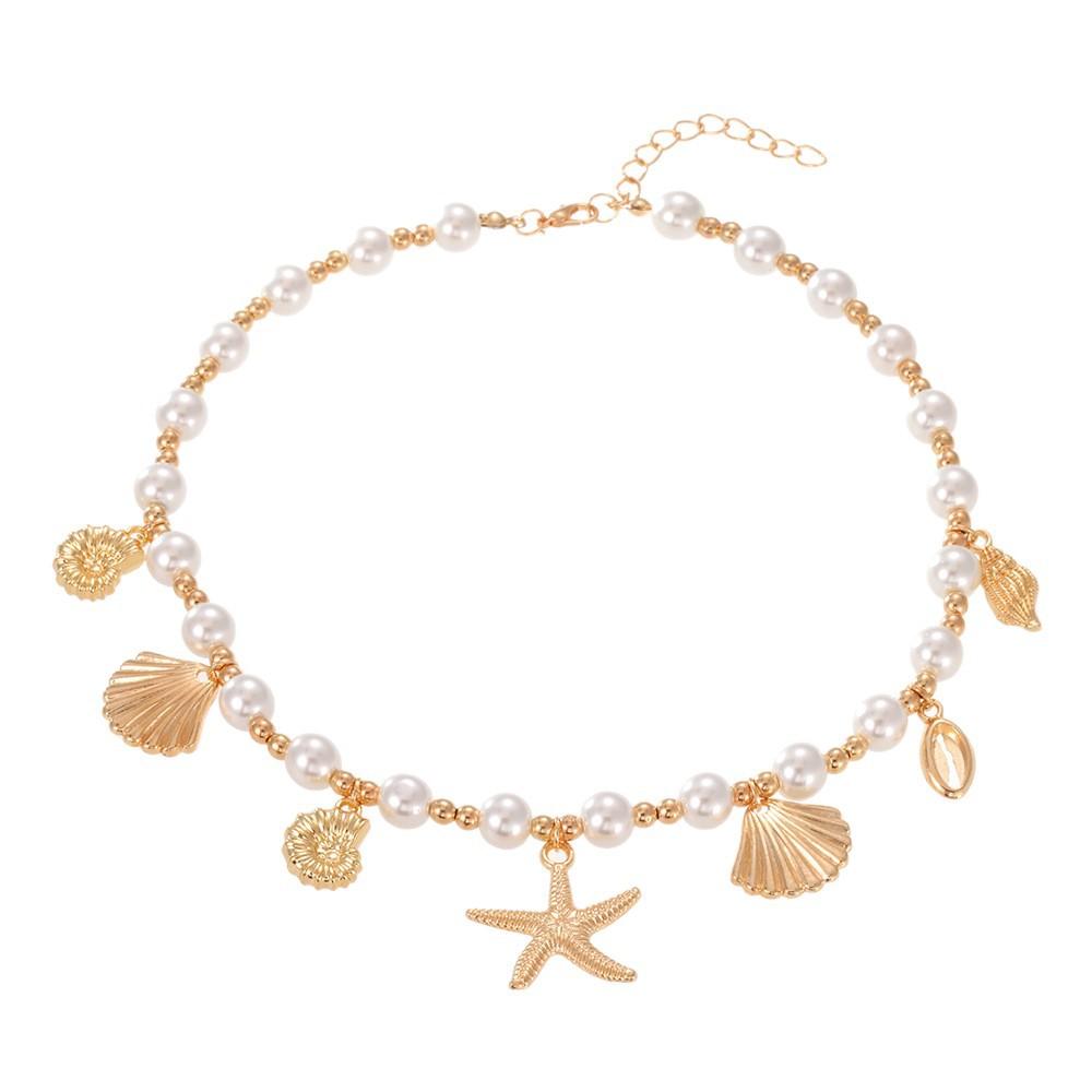 Personalized fashion bead string, European and American irregular star collarbone chain, pearl alloy starfish necklace for women