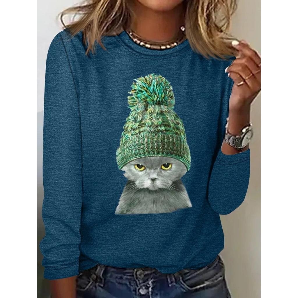 Rundhals 3D-bedrucktes Katzenmuster Top Modische Lässige Langarm Damen T-Shirts