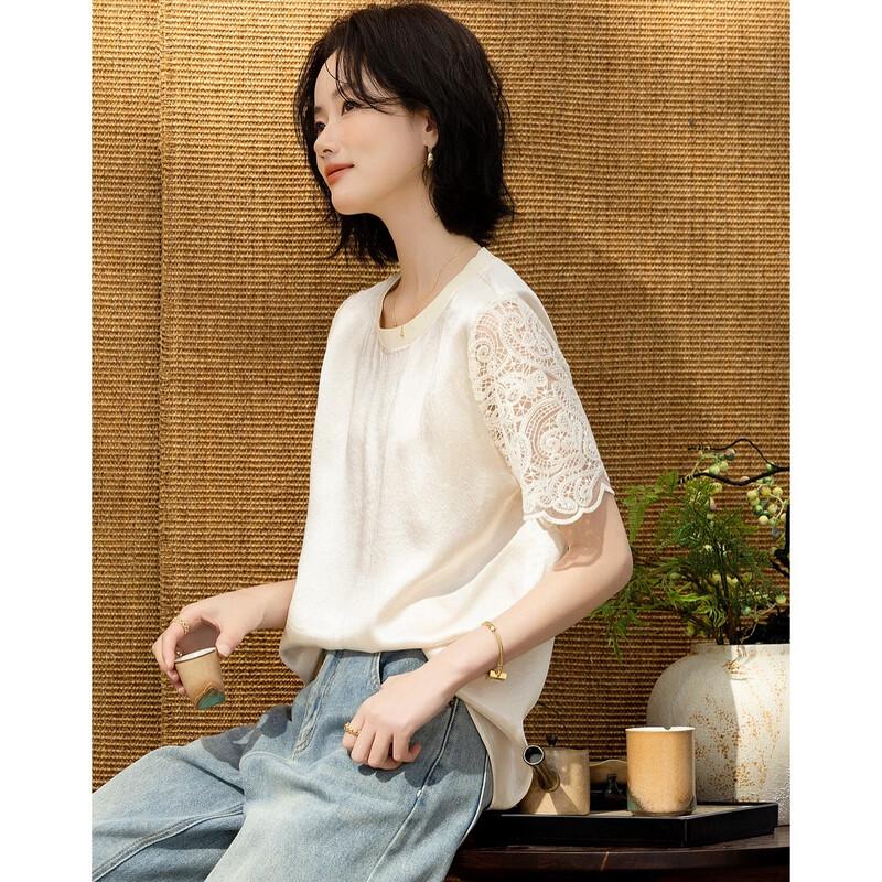 Demana Women s 100% Acetate Ribbed Round Neck Short Sleeve Lace Trim Shirt XL