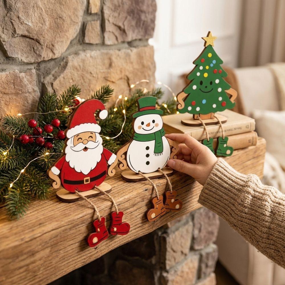 3Pcs Self Standing Santa Snowman Tree Ornament Stable Base Handmade Craft Christmas Wooden Table Decor Cartoon Style Vintage